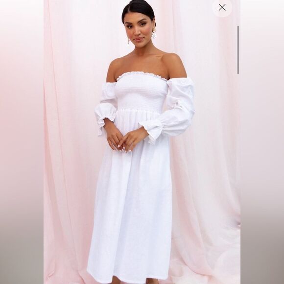 DOMENICA SHIRRED LONG SLEEVE MIDI DRESS - WHITE NWT Small - Picture 1 of 8